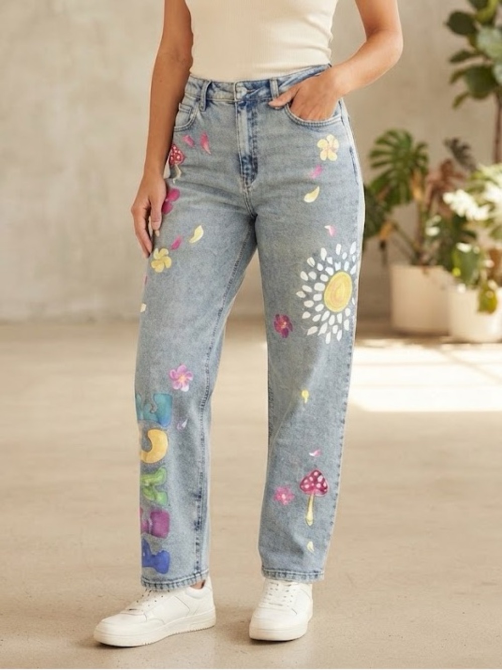 wild fable Light Blue Straight Leg Jeans with Colorful Painted Motifs